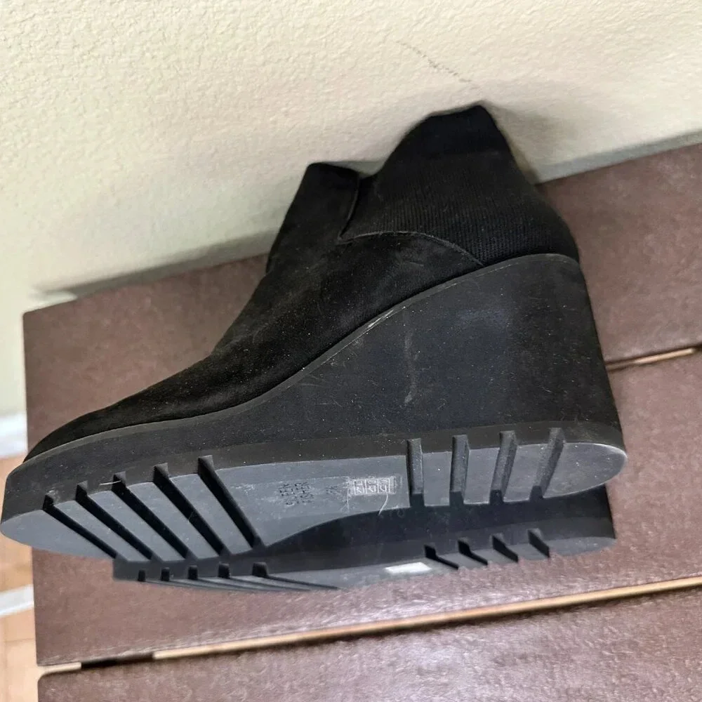 EILEEN FISHER Stretch Side Black Suede Wedge Booties - 8.5